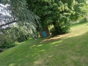una pequeña puerta en un campo bajo un árbol en Studio La Noyeraie, en Saint-Nicolas-de-la-Grave