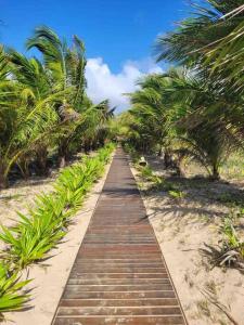 een houten pad midden op een strand met palmbomen bij Itacimirim village pé na areia in Itacimirim