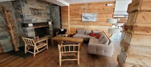 Una sala de estar con un sofá y una chimenea. en Vue exceptionnelle T2 Saint Lary soulan, 4 personnes, en Saint-Lary-Soulan