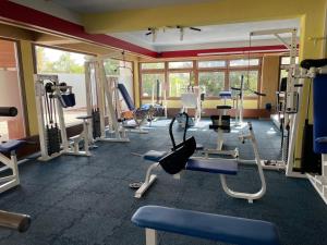 ein Fitnessstudio mit vielen Laufbändern und Maschinen in der Unterkunft Zu Hause am See - Pool, Sauna, Fitnessraum in Schluchsee