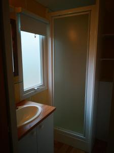 La salle de bains est pourvue d'un lavabo et d'une douche en verre. dans l'établissement Mobil Home 4 pers proche Puy du Fou et Montaigu (Vendée 85), à La Boissière-de-Montaigu