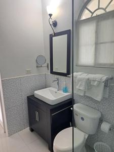 uma casa de banho com um lavatório, um WC e um espelho. em Gem on the Hill Ocho Rios em Ocho Rios