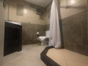 Borg El Thaghr Hotel في الإسكندرية: حمام مع مرحاض ومغسلة ودش