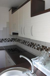 a kitchen with a sink and a counter top at Mesteri Apartman in Mesteri