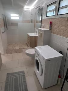 a bathroom with a washing machine and a toilet at Villa Sissy: T2 avec jaccuzzi in Sainte-Anne