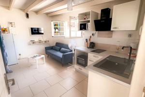 eine Küche und ein Wohnzimmer mit einem blauen Sofa in der Unterkunft Villa Sissy: T2 avec jaccuzzi in Sainte-Anne