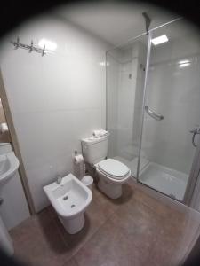 a bathroom with a toilet and a shower and a sink at Apart Milo in San Carlos de Bariloche