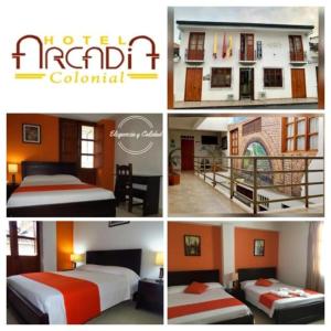 a collage of four pictures of a hotel room at Hotel Arcadia Colonial in Popayan