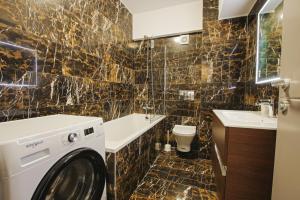 a bathroom with a washer and dryer in it at Himson-Brown Apartment in Iaşi