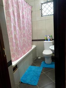 a bathroom with a pink shower curtain and a toilet at Pacho- All en-suite 2br in Kisumu