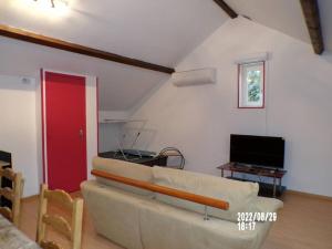 een woonkamer met een bank en een tv bij Maisonnette privatisée in Sedan