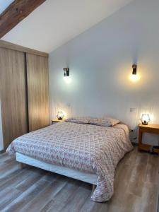 a bedroom with a bed and two lamps on two tables at Maison cosy et calme 