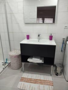 uma casa de banho com um lavatório e um espelho em Chez Nathalie em La Celle-sur-Loire
