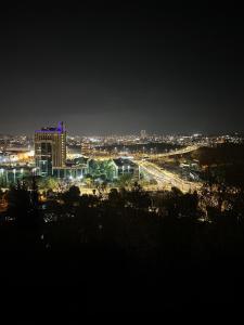 un perfil urbano por la noche con un edificio alto en Jerusalem MALHA View, en Jerusalén