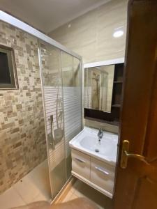 a bathroom with a sink and a shower at Mariam Boutique Hotel in Aqaba