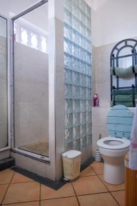 Tamarin Seaside Apartment في تامارين: حمام مع دش ومرحاض