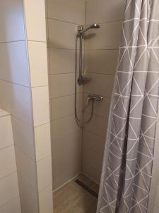 a shower with a shower curtain in a bathroom at Chata u rybníka in Bohdalov
