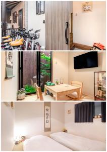 a hotel room with a bed and a room with bikes at 桜の宿 高田 provide two free bicycle in Kyoto