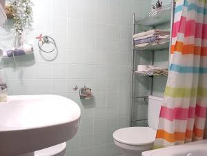 y baño con aseo, lavamanos y cortina de ducha. en Apartamento céntrico en Avilés
