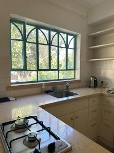 a kitchen with a stove and a sink and a window at רגע מושלם in Shave Ẕiyyon