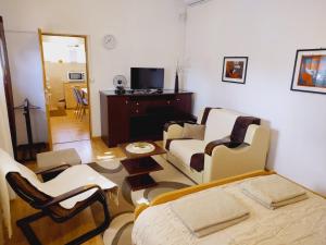sala de estar con cama, sofá y sillas en Apartman Orhideja en Novi Banovci