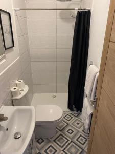 een kleine badkamer met een toilet en een wastafel bij Luxevibe apartment in Blackpool
