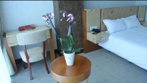 a bedroom with a bed and a table with a potted plant at HOTEL BENI HAMAD in Bordj Bou Arreridj