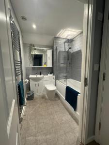 a bathroom with a shower and a toilet and a sink at Brownsea Island View Penthouse in Poole