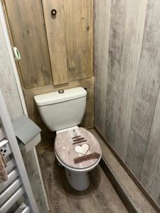a bathroom with a toilet with a wooden wall at Petit appartement T2 30m2 in Aix-les-Bains