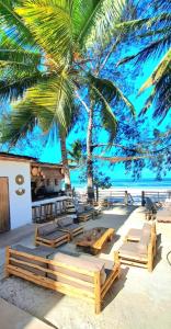 a beach with chaise lounges and a palm tree at Boho Boutique Villa - Beachfront Villa , Adults Only with Private Pool in Kiwengwa