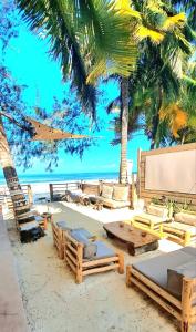 una playa con sillas, mesas y palmeras en Boho Boutique Villa - Beachfront Villa , Adults Only with Private Pool, en Kiwengwa