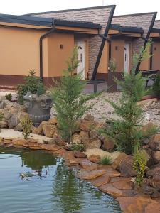 un jardin avec un étang en face d'une maison dans l'établissement Filigran, à Palić