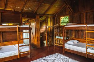 Tres EquisにあるPacuare Mountain Lodgeのキャビン 二段ベッド3組が備わる客室です。