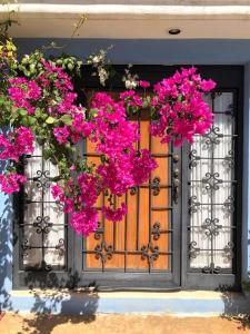 una puerta con flores rosas delante en Casa Eugenia 35 / Centro Histórico, en Campeche