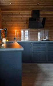 a kitchen with blue cabinets and a sink at Toppmoderne hytte i Beito in Beitostøl