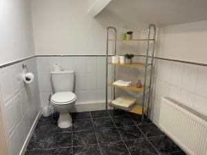 uma casa de banho com WC e piso em azulejo preto em Great Apartman Liverpool em Liverpool