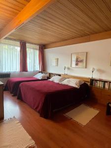 1 dormitorio con 2 camas y techo de madera en Hosteria La Chacra en Esquel