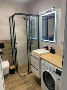 a bathroom with a washing machine and a sink at APARTAMENT DĘBOWY in Trzcianka
