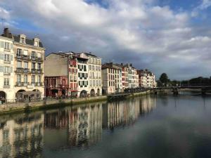 a river in a city with buildings and houses at Appartement Hegoak in Bayonne