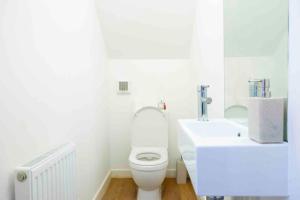 een witte badkamer met een toilet en een wastafel bij Oxford CityCenterTrainStation two bedroomApartment in Oxford