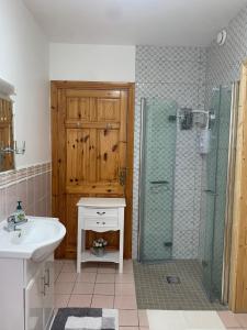a bathroom with a sink and a glass shower at Garrenmore Lodge B&B in Tipperary
