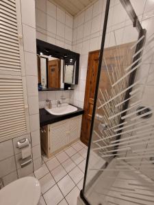 Un baño con lavabo, inodoro y ducha. en 98qm Wohnung im Villenviertel - Voll ausgestattet mit Balkon und Kamin - WLAN gratis, en Wilhelmshaven 24 fotos más