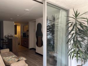 ein Wohnzimmer mit einer Glasschiebetür, die zu einer Küche führt in der Unterkunft Apartamento Centro de Manizales in Manizales