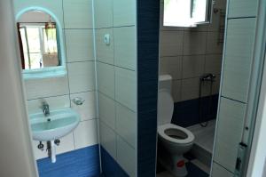a bathroom with a sink and a toilet and a mirror at Apartmani Tomar in Star Dojran +15 photos