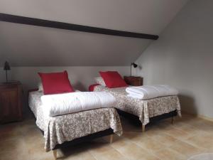 2 łóżka w pokoju z czerwonymi poduszkami w obiekcie Gite de la Guernouille w mieście Luçay-le-Mâle