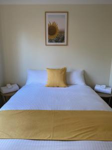 a bedroom with a large bed with a yellow pillow at Wedderburn Caravan Park in Wedderburn
