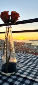 two roses in a vase on a table with a view at VistasAragon in Vigo