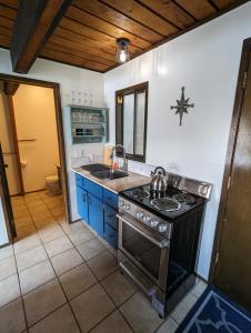 uma cozinha com um fogão e um lavatório em Jade Resort-Oceanfront Suites in Gowlland Harbour em Heriot Bay