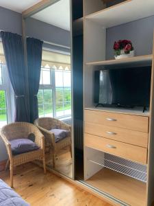 a mirror in a bedroom with a tv and a dresser at Garrenmore Lodge B&B in Tipperary
