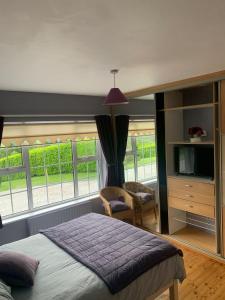 a bedroom with a bed and a tv and some windows at Garrenmore Lodge B&B in Tipperary